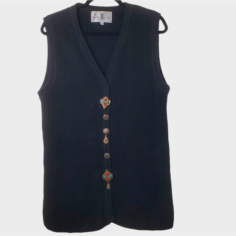 Vintage 90s Sue Wong Black Cotton Ribbed Knit Southwestern Button Sweater Vest S